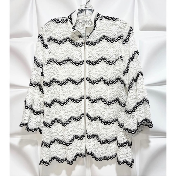 Erin London Sz PS White Black Stretch Lace Full  Zip Up Swing Jacket Minimalist - Picture 3 of 6